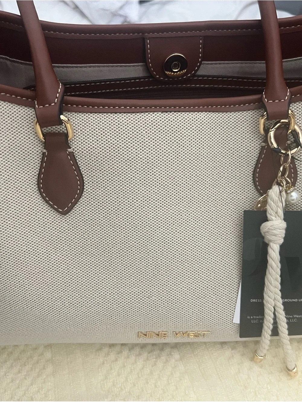 Nine West Cream and Brown Canvas Tote with Gold Logo Accent